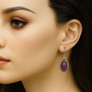 Women's Silver Earrings W/ Purple Stone 1" -  Dainty Minimalist Fashion Earrings